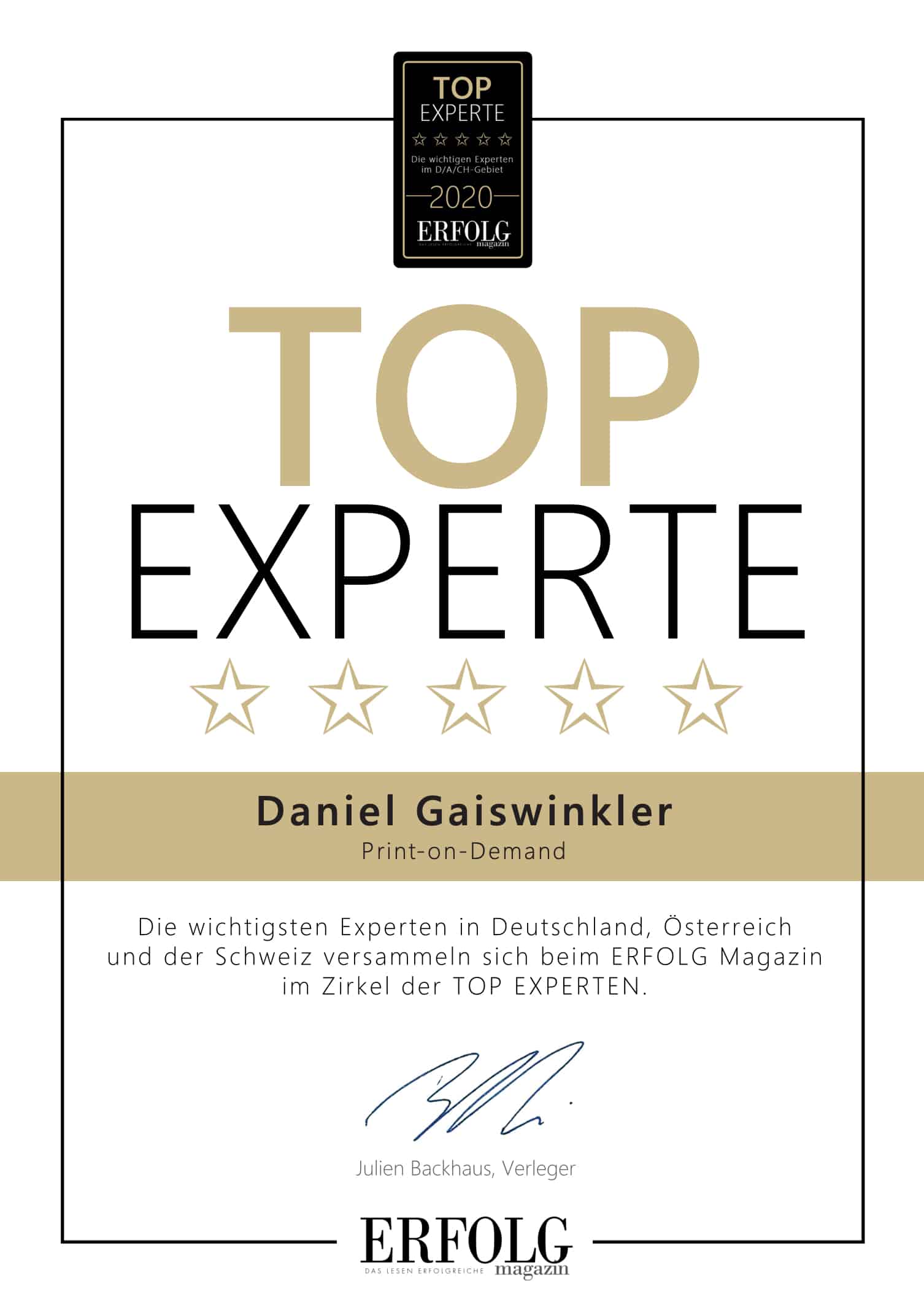 Top Experten Auszeichnung von Daniel Gaiswinkler