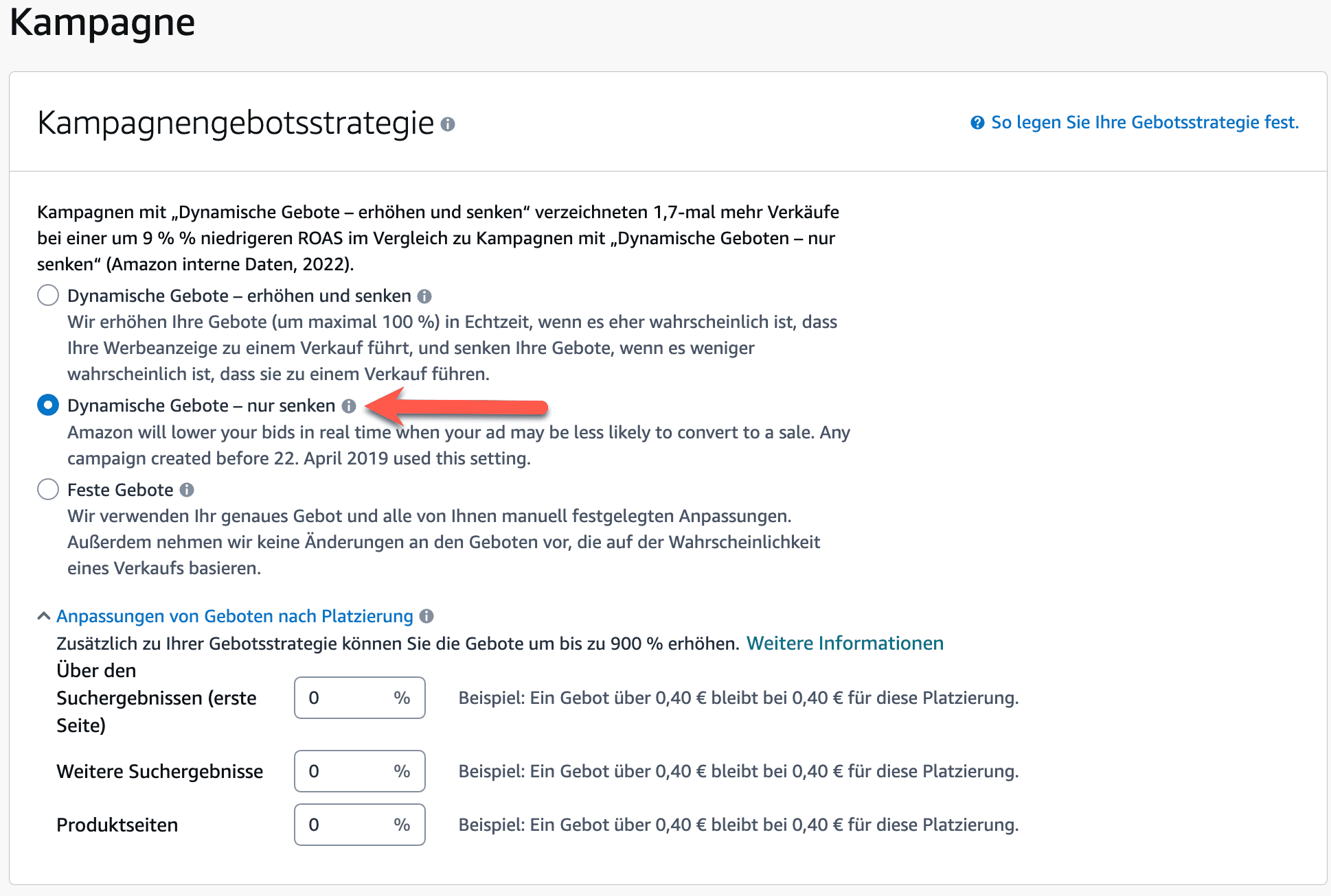 Amazon Werbung schalten - Dynamische Gebote nur senken