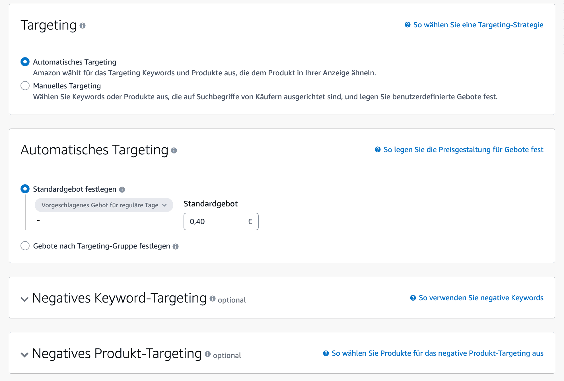 Amazon Werbung schalten Targeting Optionen