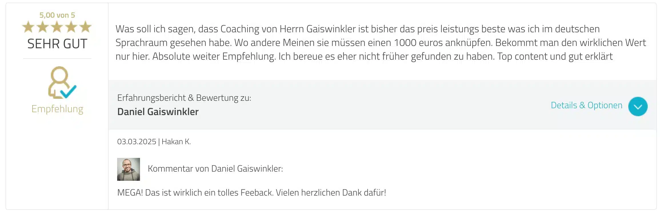 Kundenfeedback Daniel Gaiswinkler