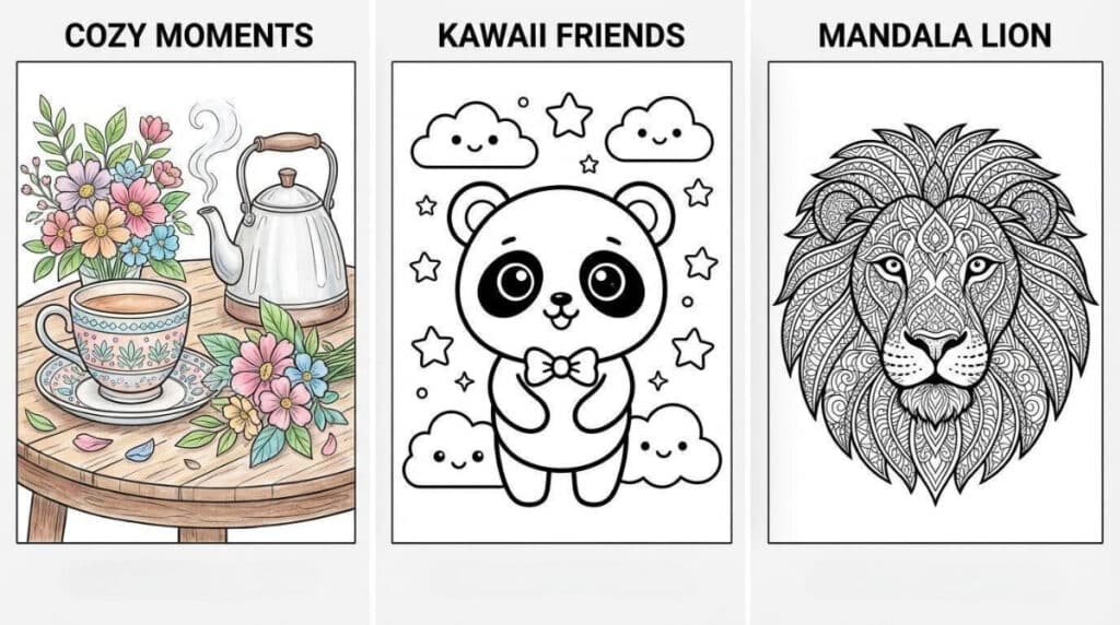 Beliebte Malbuch-Styles mit KI erstellen: Cozy, Kawaii und Mandala-Tiere Beispiele