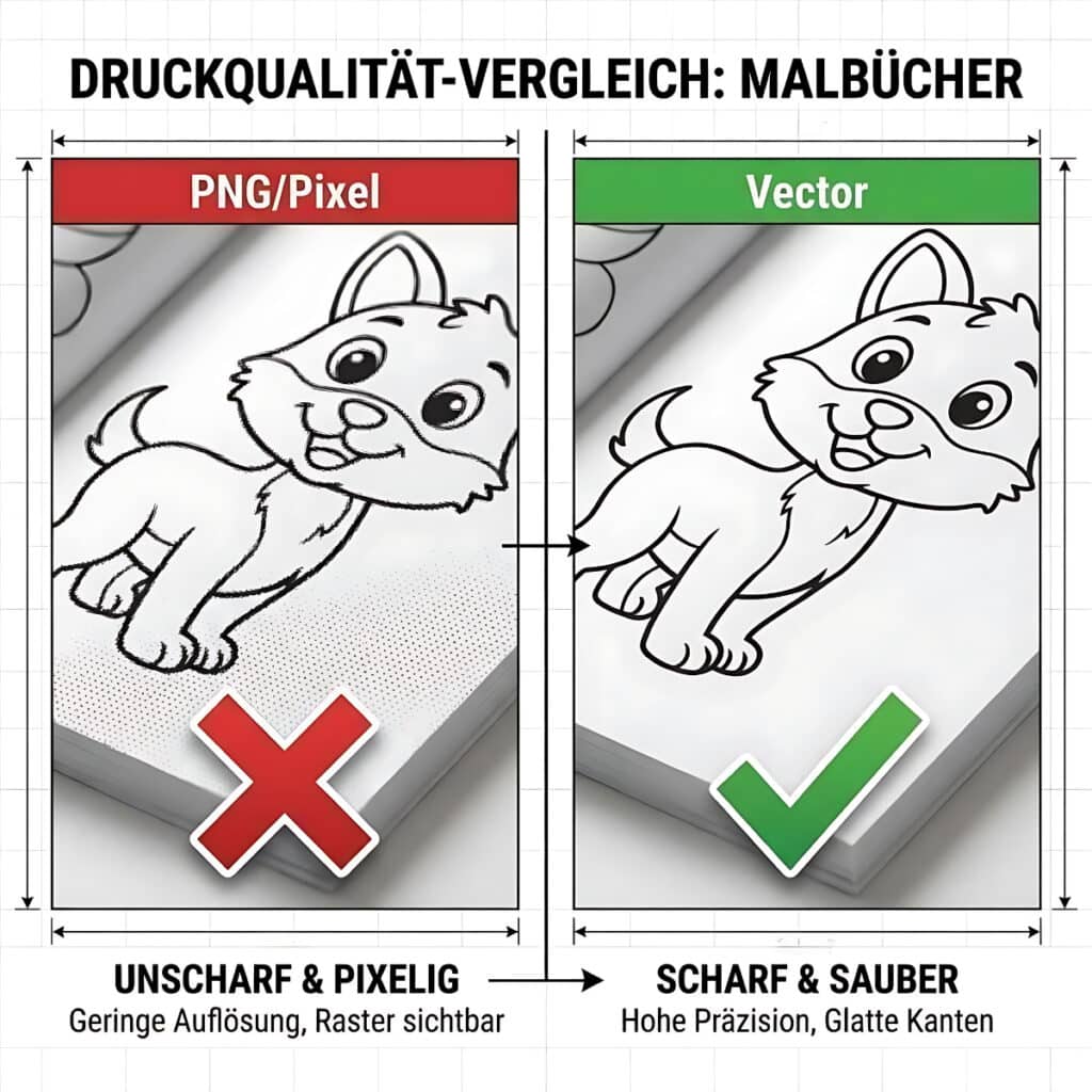 Pixel-Grafik vs. Vektorgrafik Unterschied beim KDP Malbuch Druck - Qualitätsvergleich