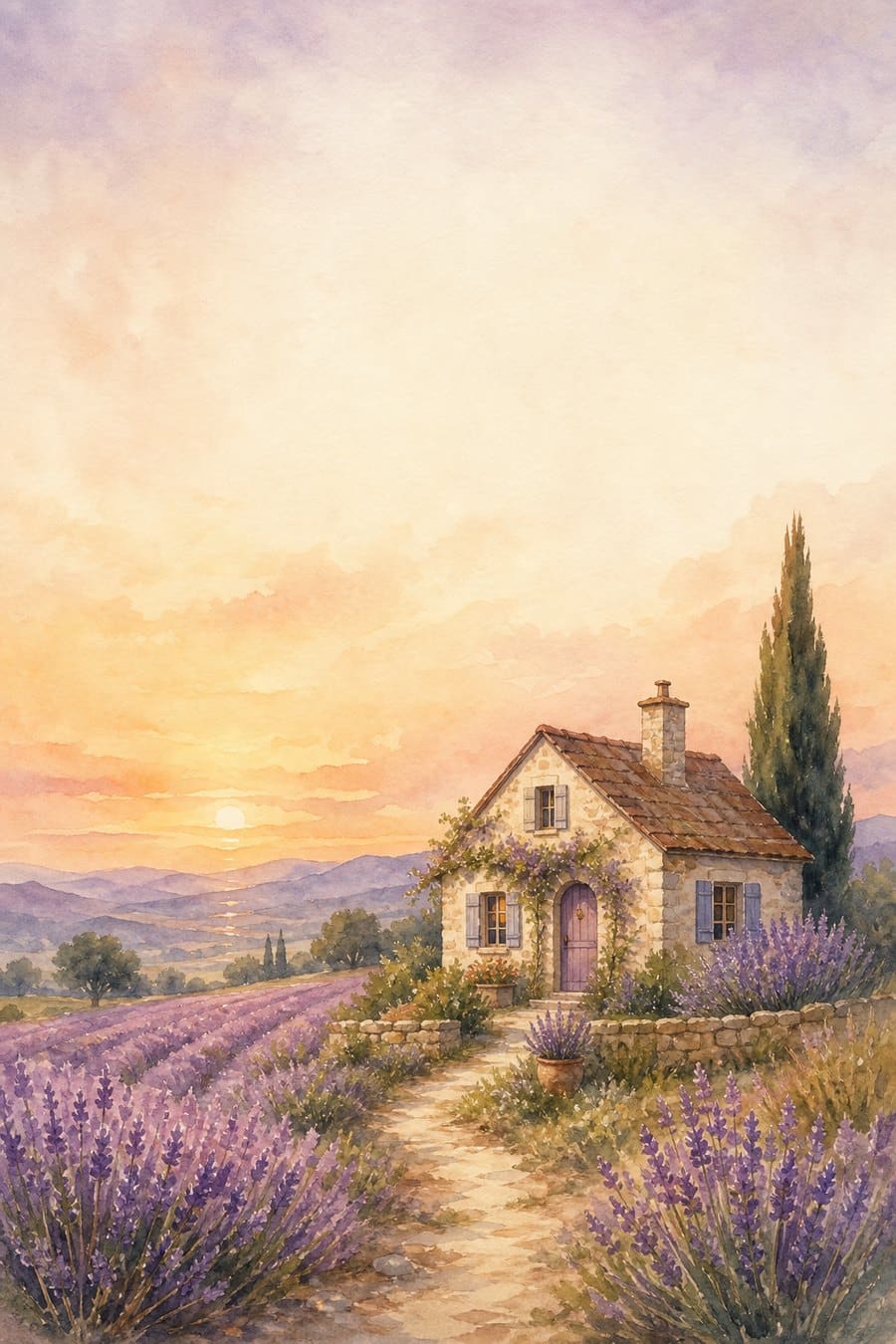 Mit ChatGPT erstellte Buchcover-Illustration: Häuschen im Lavendelfeld im Aquarellstil