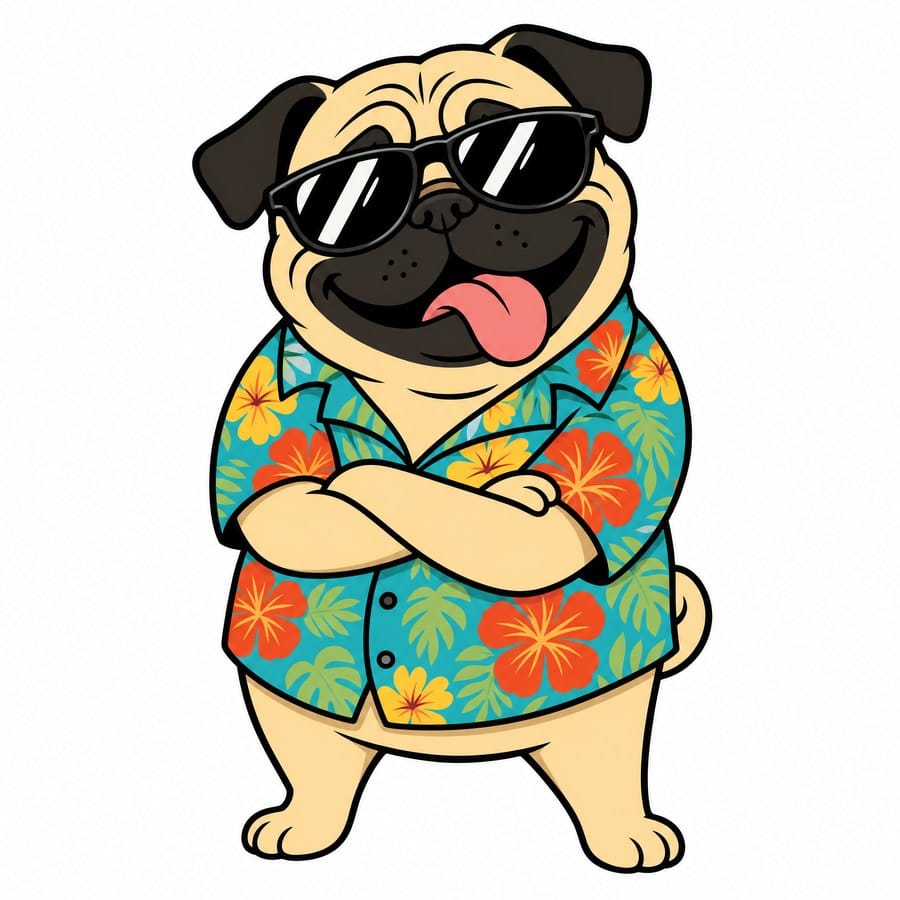 Mit ChatGPT erstelltes T-Shirt-Motiv: Mops mit Sonnenbrille im Cartoon-Stil, freigestellt auf weißem Grund